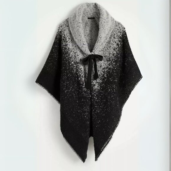 Ann Taylor Ombre Shawl Collar Poncho Cape One Size Gray Black Gradient Tie Front - Picture 1 of 6